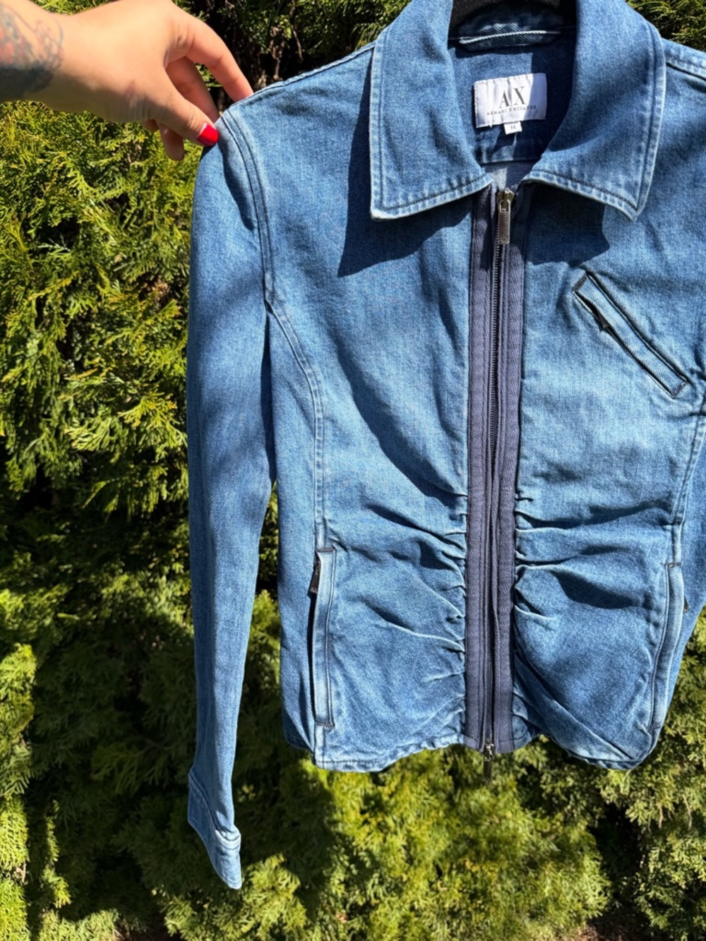 Armani Exchange Fitted Denim Jacket Ruched Zip Front Y2K Style Size M - Picture 3 of 8